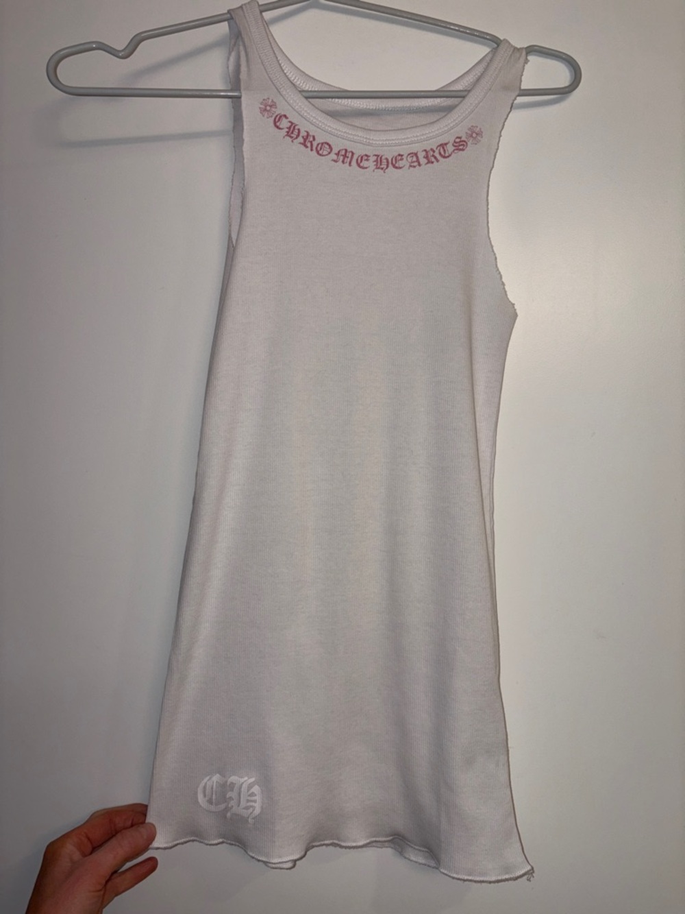 Chrome Hearts White Ribbed Tank with Pink Neck Logo